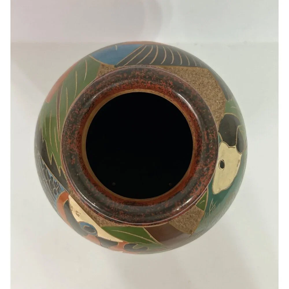 Handcrafted Ceramic Folk Art Vase Parrot & Fish Design Green Blue Red Cost Rica - Picture 9 of 10